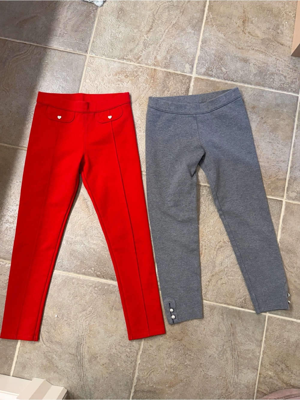 Janie and Jack Red & Gray Knit Pull-On Leggings with Heart and Pearl Accents